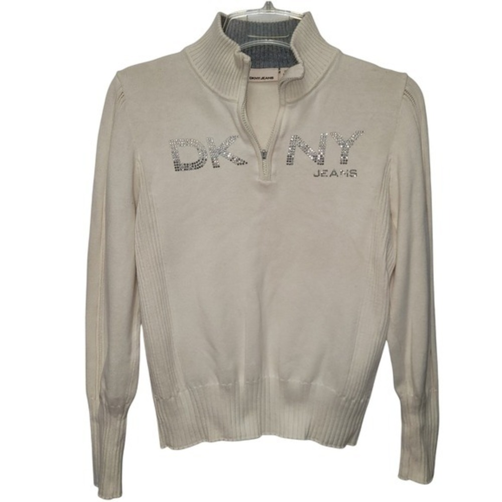 Y2K‎ DKNY Jeans Cream 3/4 Zip Pullover Ribbed Sweater Embellished Logo Sz XL